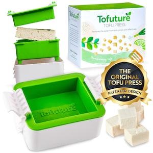 May include: A green and white tofu press with the text "Tofuture" on the front. The press is made of silicone and has a patented design. The image also shows a box with the text "Tofuture Tofu Press" and a close-up of tofu cubes.