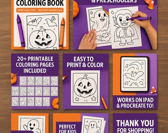 Puede incluir: Un libro para colorear digital de Halloween para niños. La portada dice "KIDS HALLOWEEN COLORING BOOK" con una ilustración de calabaza. Imágenes adicionales muestran páginas para colorear con fantasmas, vampiros y calabazas. El texto incluye "20+ Printable Coloring Pages Included".