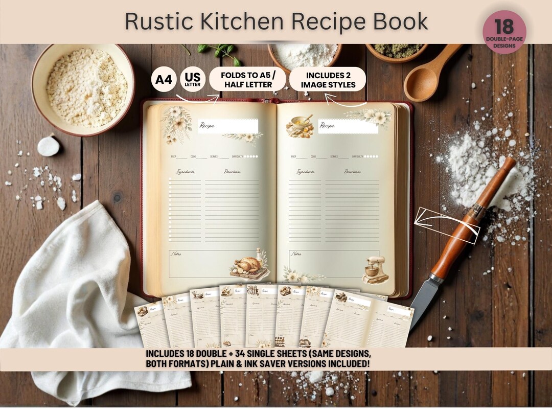 Rustic Recipe Pages Printable Cooking Recipe Pages, Editable Meal Planning Binder Sheets ...