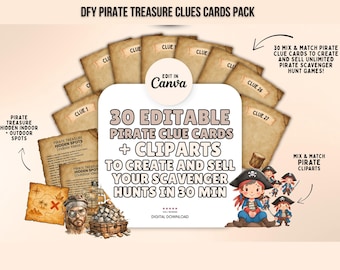 Peut inclure: Un ensemble de cartes d'indices sur le thème des pirates avec des cliparts. Le design comprend une carte au trésor, des illustrations de pirates et le texte "30 Cartes d'indices de pirates modifiables + Cliparts pour créer et vendre vos chasses au trésor en 30 min."