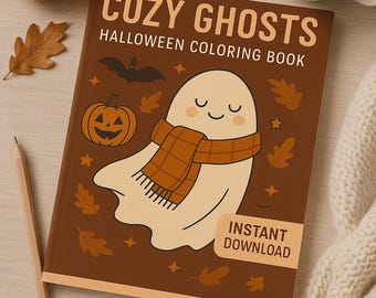 Könnte beinhalten: Ein braunes Malbuch mit dem Titel "COZY GHOSTS" für Halloween mit einem Cartoon-Geist, der einen Schal trägt. Das Cover zeigt einen Kürbis, eine Fledermaus und Blätter. Ein orangefarbener Kürbis, Blätter, ein Bleistift und eine Kaffeetasse sind ebenfalls vorhanden.