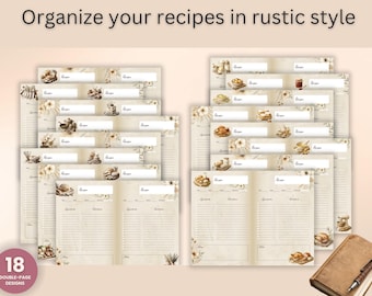 May include: Recipe pages with a rustic design. The pages are beige with floral accents and illustrations of food items. The text "Organize your recipes in rustic style" is at the top. The pages are arranged in stacks, with a small notebook and pen in the corner.
