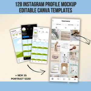 Può includere: Immagine che mostra mockup di profili Instagram con il testo "128 INSTAGRAM PROFILE MOCKUP EDITABLE CANVA TEMPLATES". Vengono visualizzati diversi layout di profili Instagram, tra cui una griglia di immagini e dettagli del profilo.