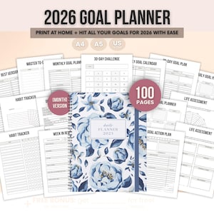 May include: A 2026 Goal Planner with a floral design, featuring a spiral-bound notebook with a blue and white floral cover. The planner includes various pages for goal setting, habit tracking, and life assessment. The text reads "2026 Goal Planner" and "100 pages".