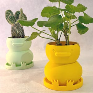 May include: Two duck-shaped plant pots, one light green and one yellow, each with a matching saucer. The light green pot holds a cactus, while the yellow one contains a green leafy plant. The pots have a whimsical design.