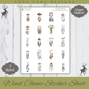 May include: A sticker sheet featuring twenty individual watercolor illustrations of various wind chimes in diverse shapes, colors, and styles. The sheet includes text labels reading Long Lake Designs, Wind Chime, and a website URL.