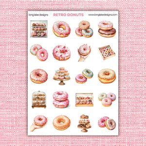 Feuille d'autocollants rétro pour donuts, autocollants en vinyle imperméable vibrants pour la décoration et l'artisanat, cadeau parfait pour les amateurs de gourmandises et les gourmands