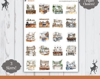 Modern Kitchen Sticker Sheet, 20 Decor Weatherproof Stickers, 3 Sizes, 2 Paper Choices, Option to Laminate