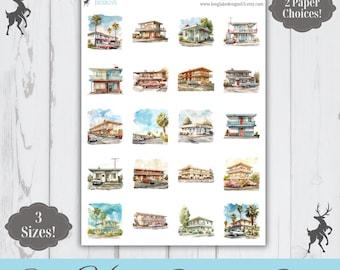 Old Hotel Sticker Sheet, 20 Destination Weatherproof Stickers, 3 Sizes, 2 Paper Choices, Option to Laminate