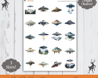 UFO Sticker Sheet, 20 Sci-Fi Weatherproof Stickers, 3 Sizes, 2 Paper Choices, Option to Laminate