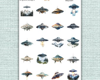 UFO Sticker Sheet, Durable Laminated Weatherproof , Fun Outer Space Stickers for Planners & Scrapbooking, Great Gift for Sci-Fi Lovers