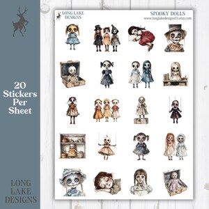 May include: A sticker sheet titled Spooky Dolls by Long Lake Designs featuring 20 individual illustrations of dolls with large eyes and pale skin in various outfits, poses, and settings, including dolls in suitcases, on shelves, and as marionettes.