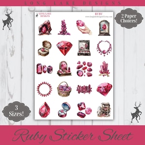 May include: A sticker sheet titled Long Lake Designs Ruby featuring various watercolor illustrations of rubies, including loose faceted gems, crystals, jewelry in boxes, a necklace, and a basket of stones, with text indicating 2 Paper Choices and 3 Sizes.