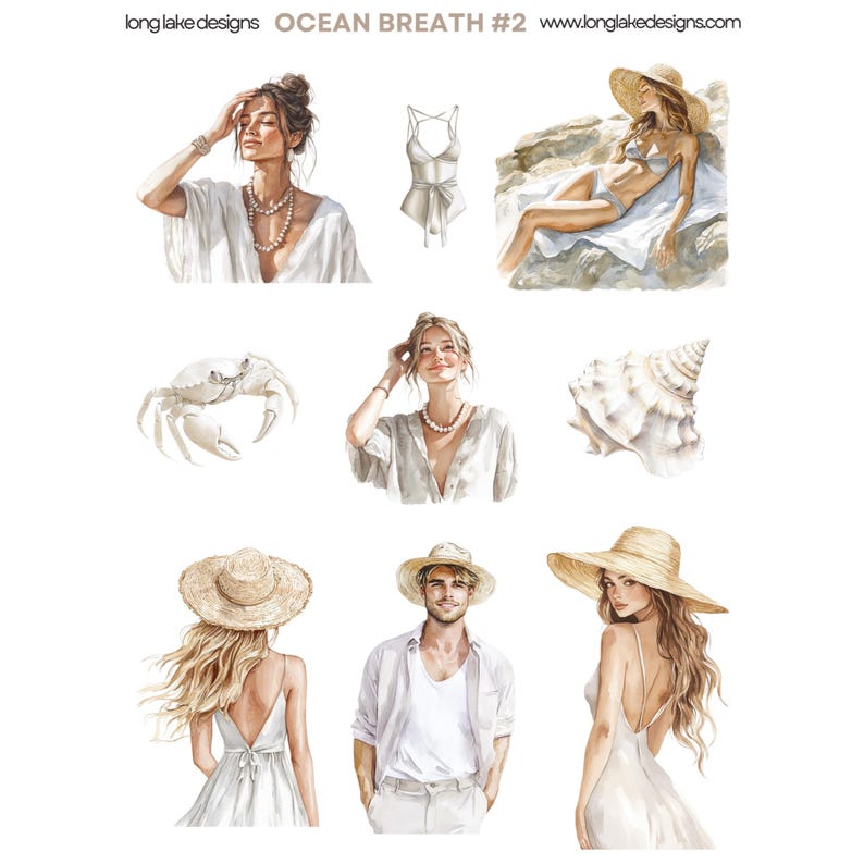 May include: A set of watercolor illustrations featuring a seashell, a crab, a swimsuit, and four people wearing white clothing and straw hats. The illustrations are in a white background.