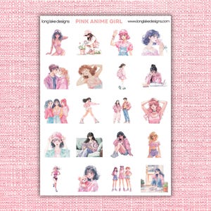 Pink Anime Girl Sticker Sheet, Laminated Waterproof Vinyl Stickers, Cute Decorative Stickers for Scrapbooking & Gift Giving