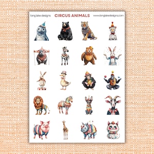 Feuille d'autocollants animaux du cirque, 20 pièces en vinyle laminé imperméable, parfait pour le scrapbooking et les cadeaux d'enfants, d'anniversaire, de cadeaux
