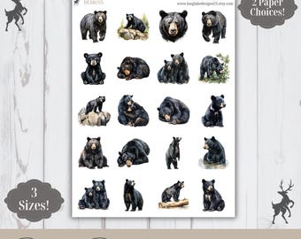 Black Bear Sticker Sheet, 20 Animal Weatherproof Stickers, 3 Sizes, 2 Paper Choices, Option to Laminate
