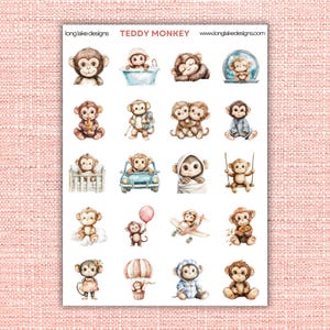 Teddy Monkey Sticker Sheet, Waterproof Vinyl, Laminated Durable Fun for Laptops, Journals & Planners, Cute Gift for Kids and Monkey Lovers