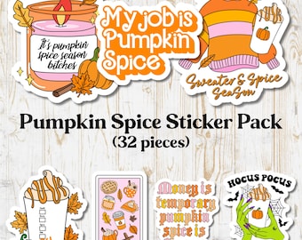 Pumpkin Spice Sticker Pack, 32 Fall Laminated Weatherproof Stickers, 1-3 inches