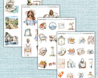 Sicilian Summer Sticker Sheet Set, Vibrant Weatherproof  Stickers for Scrapbooking & Decor, Perfect Gift for Travelers and Summer Lovers