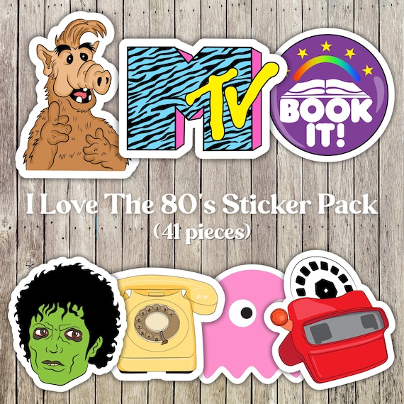 I Love The 80's Sticker Pack, Retro 41 Unique Stickers from 1-3 Inches, Premium Vinyl Water-Resistant, Great 80's Gift Set