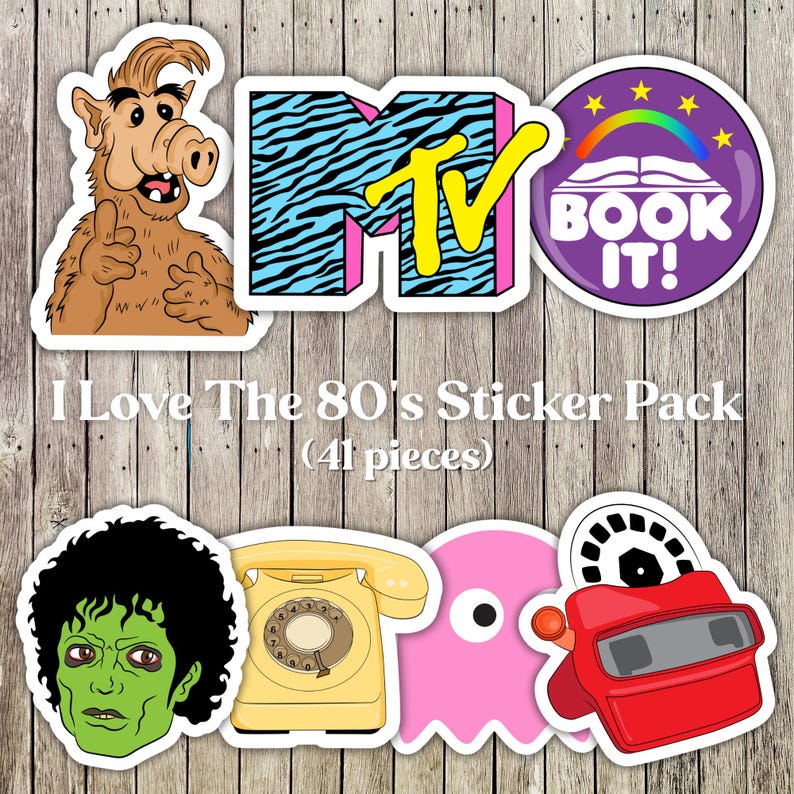 May include: A sticker pack featuring various 1980s pop culture icons. Includes stickers of Alf, the MTV logo, a Book It! sticker, Michael Jackson as a zombie, a rotary phone, a Pac-Man ghost, and a View-Master. The text reads "I Love The 80's Sticker Pack (41 pieces)".