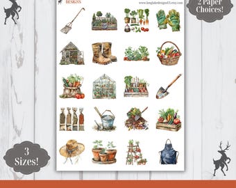 May include: A sticker sheet titled Veggie Gardening by Long Lake Designs featuring watercolor illustrations of gardening tools, a greenhouse, a shed, boots, gloves, a straw hat, an apron, various vegetables, potted plants, and garden produce baskets.