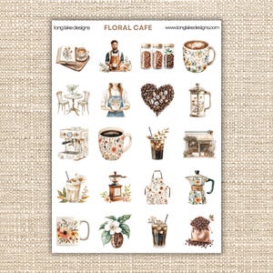 Floral Coffee Cafe Sticker Sheet, Waterproof Vinyl 20 Durable Stickers for Planners & Journals, Perfect Gift for Coffee Lovers