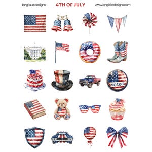 K&ouml;nnte beinhalten: Aquarellillustrationen patriotischer Symbole f&uuml;r den 4. Juli. Enth&auml;lt eine amerikanische Flagge, Glocken, ein Windrad, Wimpelketten, das Wei&szlig;e Haus, einen Donut, Cowboy-Stiefel, einen Kuchen, einen Zylinder, einen Truck, einen "gew&auml;hlt"-Knopf, ein Buch, einen Teddyb&auml;ren, eine Sonnenbrille, einen Cupcake, ein Schild, ein Auto, einen Ballon und eine Schleife.