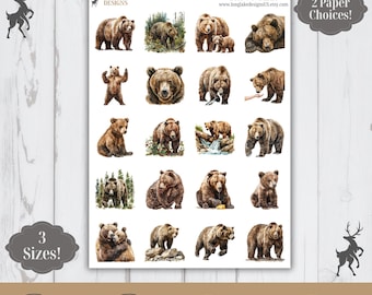 Brown Bear Sticker Sheet, 20 Animal Weatherproof Stickers, 3 Sizes, 2 Paper Choices, Option to Laminate