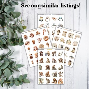 K&ouml;nnte beinhalten: Eine Sammlung von Stickerb&ouml;gen mit Aquarellillustrationen. Die B&ouml;gen zeigen verschiedene Themen, darunter Verlobungsringe, braune S&uuml;&szlig;igkeiten wie Donuts und Cupcakes, Vintage-Briefe und Makakenaffen. Der Text "See our similar listings!" ist sichtbar.