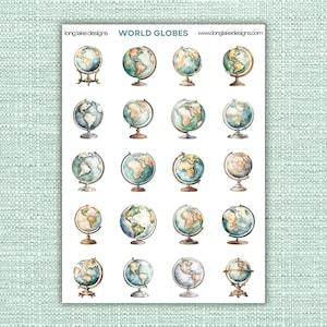 May include: A sheet of stickers featuring watercolor illustrations of antique world globes. The globes have a vintage aesthetic with various base designs and color palettes, including shades of blue, green, and brown. The text "WORLD GLOBES" is at the top.