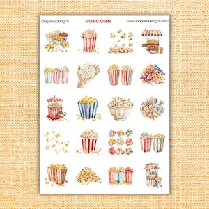 Popcorn Sticker Sheet, Waterproof Vinyl Laminated 20 Cute Movie Snack Stickers, Fun Planner or Scrapbook Accessories, Gift for Snack Lovers