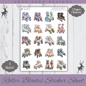 May include: A sticker sheet titled Long Lake Designs Roller Blades featuring twenty individual watercolour illustrations of various roller skates in diverse colours, styles, and designs arranged in a grid on a white background with text.