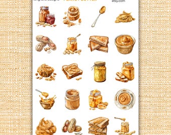 Peanut Butter Sticker Sheet, Durable Weatherproof Laminated  with 20 Playful Food Stickers, Great Gift for Food Lovers