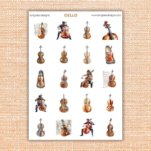 May include: A sticker sheet featuring watercolor illustrations of cellos in various poses. Some images show cellos with musicians, others solo. The word "CELLO" is printed at the top, along with the website "www.longlakedesigns.com".