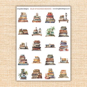 May include: Watercolor illustrations of old stacked books in various arrangements. Each stack features books of different sizes and colors, some with decorative elements like clocks, lanterns, and plants. The text "OLD STACKED BOOKS" and a website address are visible.