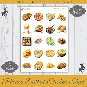 Könnte beinhalten: Ein Aufkleberbogen mit dem Titel LONG LAKE DESIGNS POTATO DISHES, der zwanzig Aquarellillustrationen verschiedener Kartoffelgerichte zeigt, darunter Ofenkartoffeln, Pommes frites, Kartoffelsalat, Püree und Aufläufe auf weißem Hintergrund.