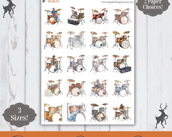 Drums Sticker Sheet, 20 Musical Instrument Weatherproof Stickers, 3 Sizes, 2 Paper Choices, Option to Laminate