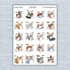 Drums Sticker Sheet, Durable Laminated Vinyl Waterproof Music-themed Stickers for Scrapbooking, Journaling and Gifts for Musicians
