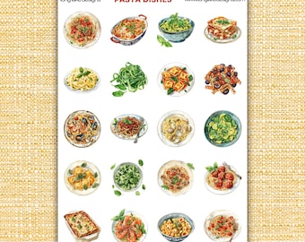 Pasta Dishes Sticker Sheet, Vibrant Weatherproof  Stickers for Planners and Scrapbooks, Perfect Foodie Gift for Cooking Lovers