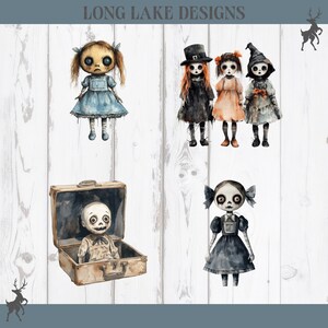 May include: A digital illustration set titled LONG LAKE DESIGNS featuring five stylised dolls with large eyes and pale skin. One doll wears a blue dress, three stand together in hats and dresses, and one sits inside an open tan suitcase.