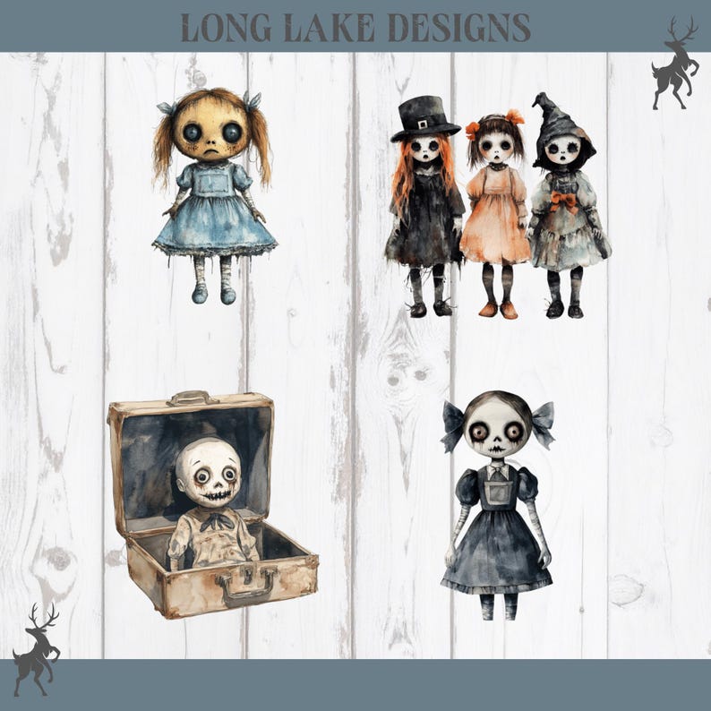 May include: A digital illustration set titled LONG LAKE DESIGNS featuring five stylised dolls with large eyes and pale skin. One doll wears a blue dress, three stand together in hats and dresses, and one sits inside an open tan suitcase.