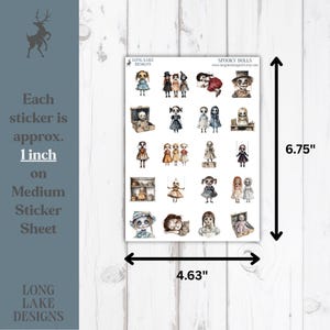 May include: A sticker sheet titled Spooky Dolls by Long Lake Designs featuring twenty-one individual illustrations of dolls with varied outfits and expressions. The sheet measures 11.76 cm by 17.15 cm, with each sticker approximately 2.54 cm in size.
