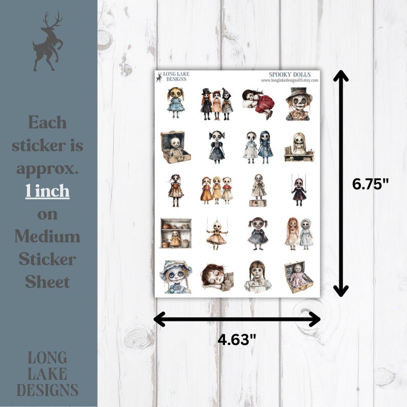 May include: A sticker sheet titled Spooky Dolls by Long Lake Designs featuring twenty-one individual illustrations of dolls with varied outfits and expressions. The sheet measures 11.76 cm by 17.15 cm, with each sticker approximately 2.54 cm in size.