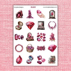 May include: A sheet of stickers featuring watercolour illustrations of rubies in various settings. The stickers include rubies in a ring box, a necklace, a pile of rough stones, and a crystal formation. The text "RUBY" is at the top of the sheet.