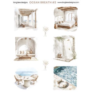 May include: A digital illustration of a beach house interior design with five different scenes. The scenes include a patio with a couch, a bedroom with a bed, a bathroom with a shower, a pool with a life preserver, and a patio with a table and chairs. The illustration is in a watercolor style with muted colors.