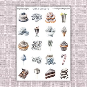 Stickervel grijze snoepjes, duurzame waterdichte snoepstickers voor planners en plakboeken, perfect cadeau voor liefhebbers van zoetekauwen