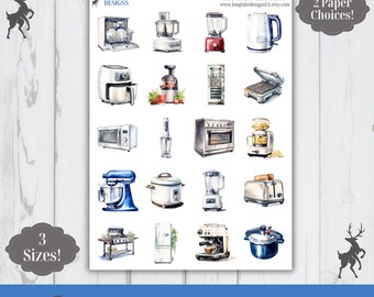 Kitchen Gadgets Sticker Sheet, 20 Culinary Weatherproof Stickers, 3 Sizes, 2 Paper Choices, Option to Laminate