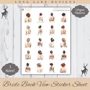 Puede incluir: Una hoja de pegatinas con veinte ilustraciones de novias vistas desde atrás, mostrando varios peinados y diseños de vestidos de novia blancos. La hoja incluye el texto LONG LAKE DESIGNS, BRIDE BACK VIEW y www.longlakedesignsUS.etsy.com.